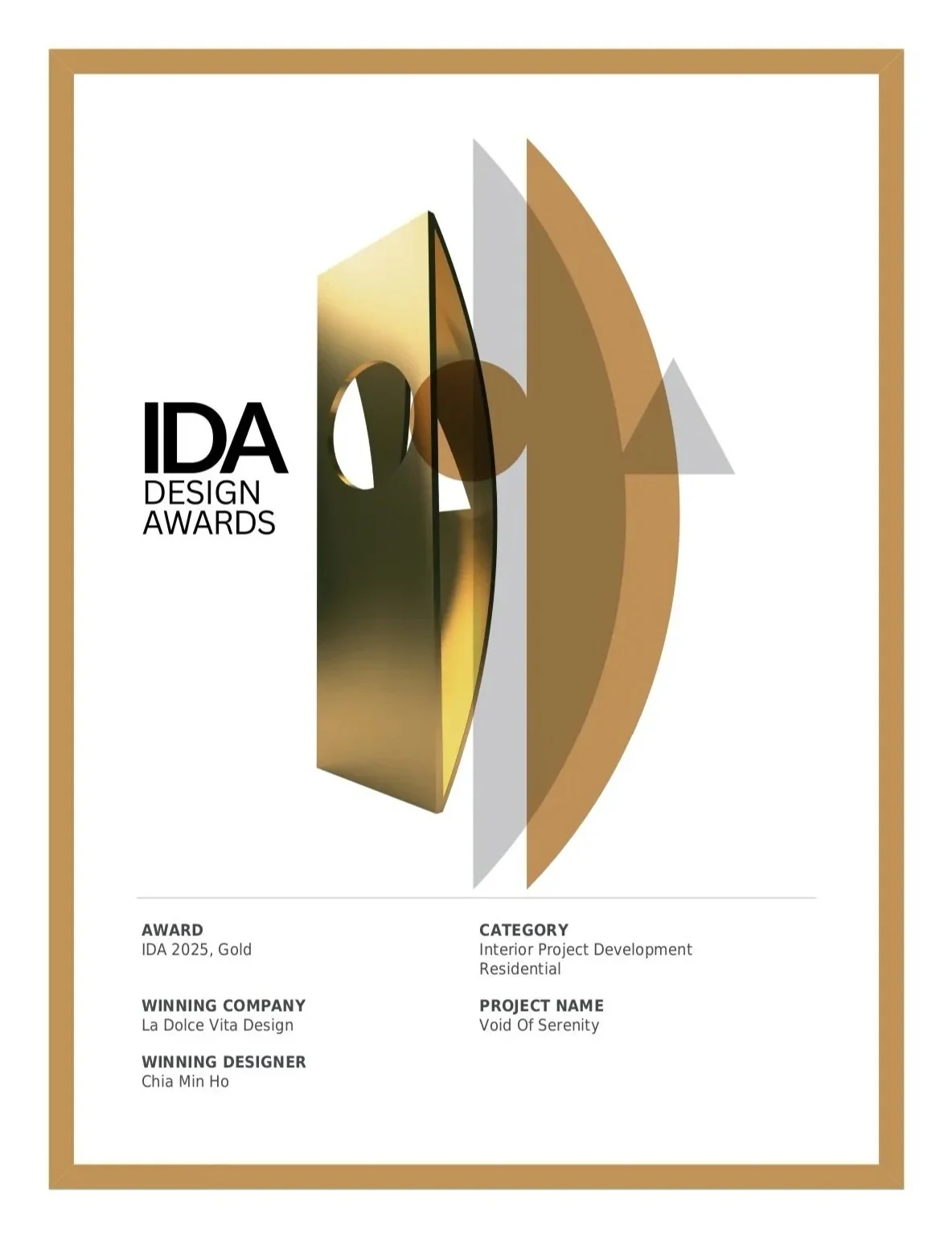 2025 IDA Gold International Design Awards (USA) — Void of Serenity — 得獎證書