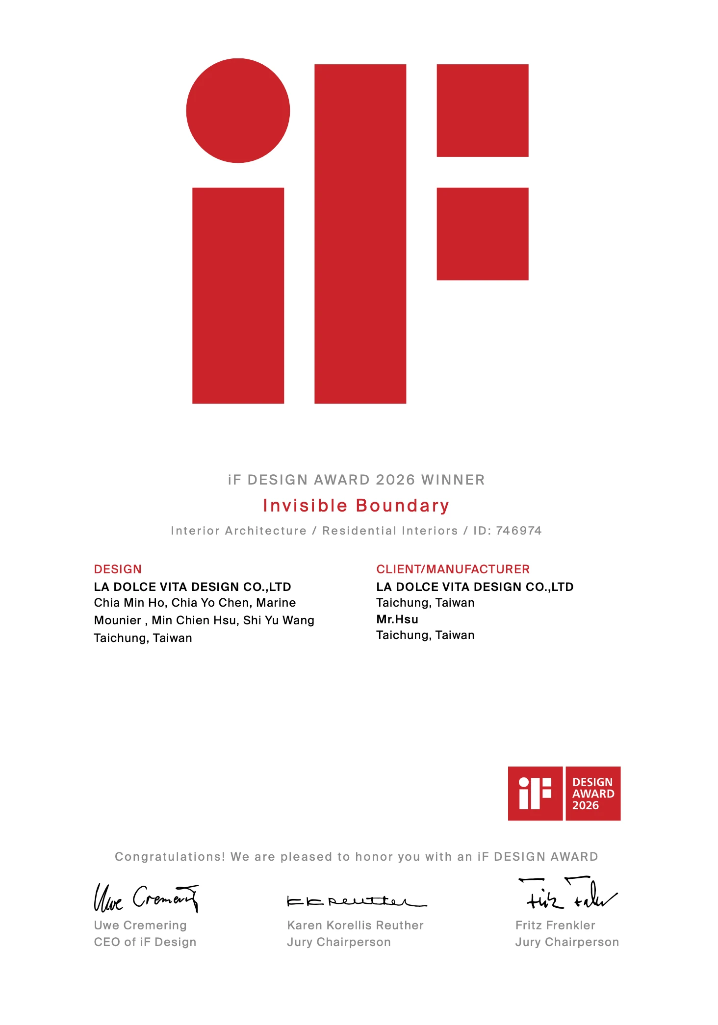 2026 iF Design Award Winner (Germany) — Invisible Boundary — 得獎證書
